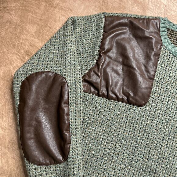 Lauren Ralph Lauren Black Label Faux Leather Patchwork Knit Sweater Green Preppy - Picture 4 of 10